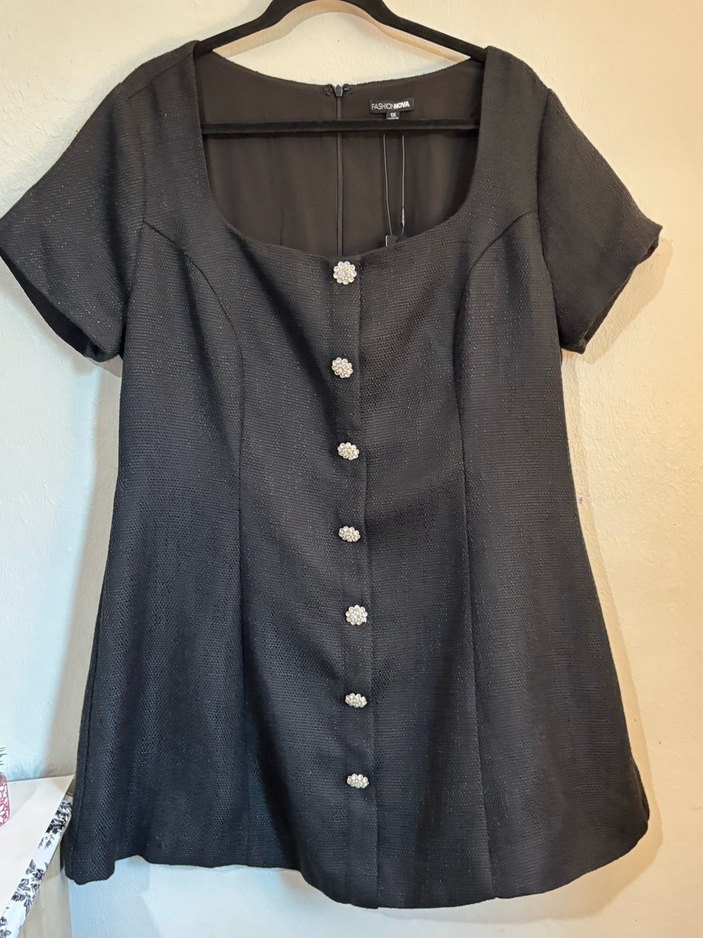 Fashion Nova Black Textured Short Sleeve Top with Pearl Flower Buttons